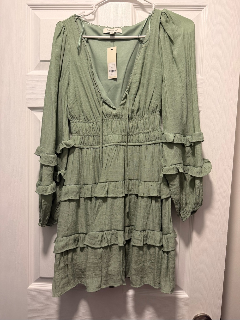 Francesca’s Sage Green Ruffle Tiered Mini Dress